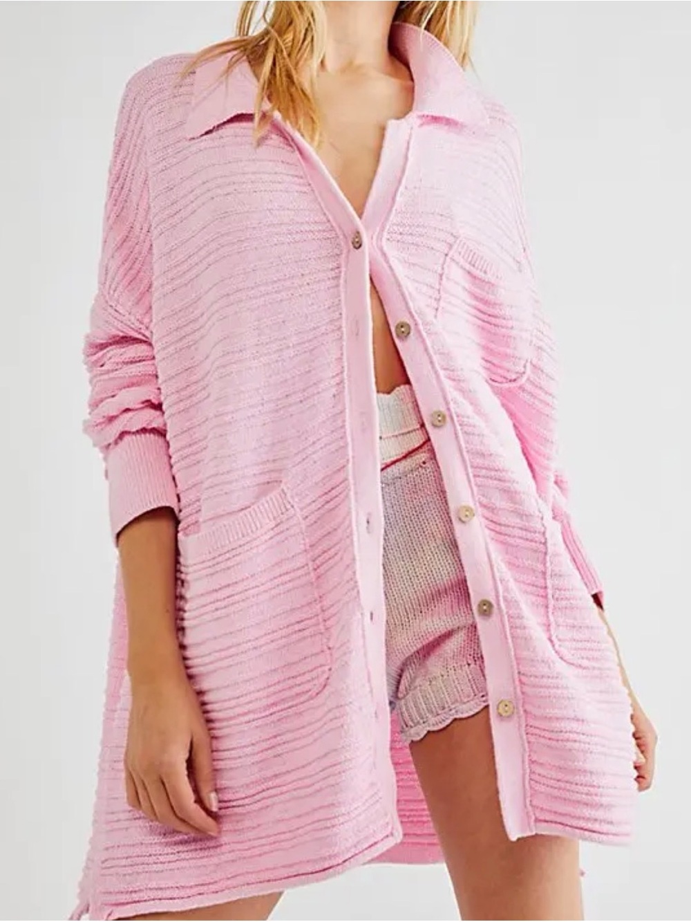 Free people Beach  Pink Collared Button-Up Knit Sweater Cardigan nwt size large